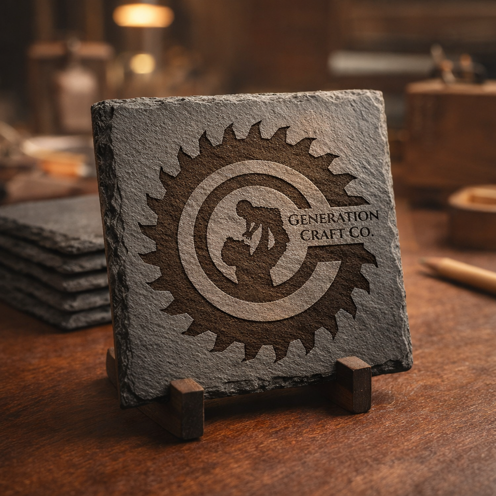 Natural Slate Coaster Set – Rustic Engraved Stone Drink Coasters (Set of 4)