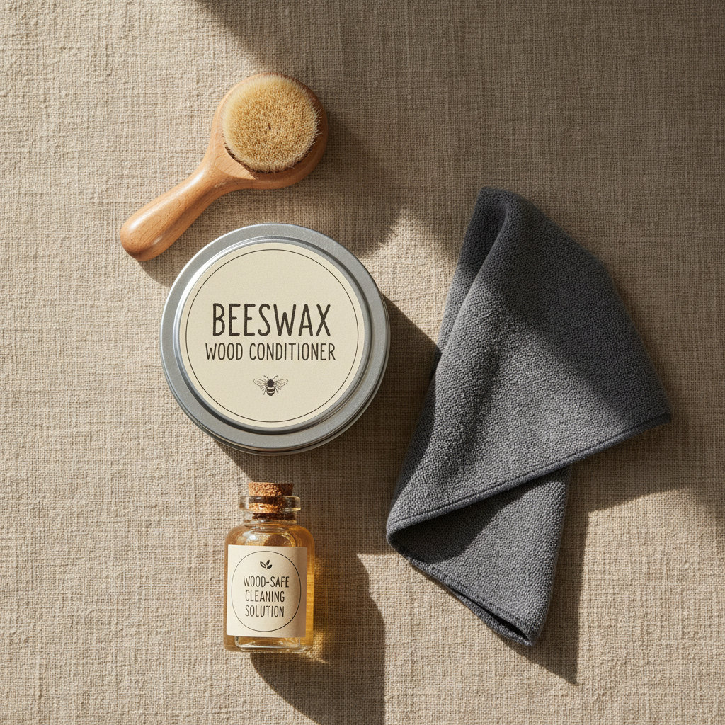 The Preservation Kit flat lay with beeswax conditioner, microfiber cloth, detailing brush, and cleaning solution
