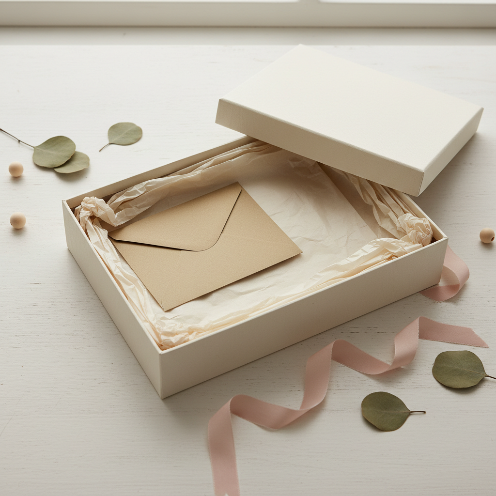Essential Gift Box open with tissue paper filler and gift card insert