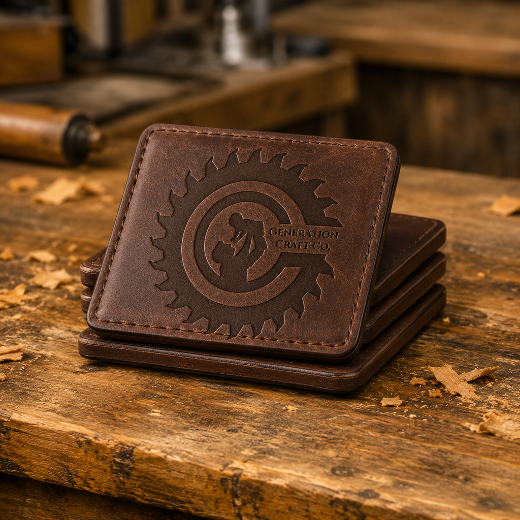 Engraved Leather Coaster Set – Premium Full‑Grain Drink Coasters (Set of 4)